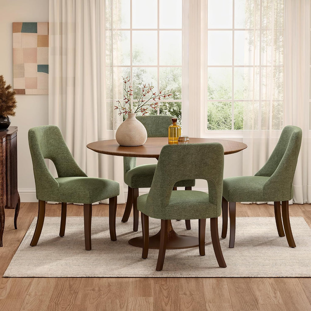 AQO Wooden Dining Chairs Set of 6, Mid Century Upholstered Kitchen Chairs Dining Room Chairs, Chenille Farmhouse Kitchen Chairs Dinner Chair for Kitchen Dining Room, Green