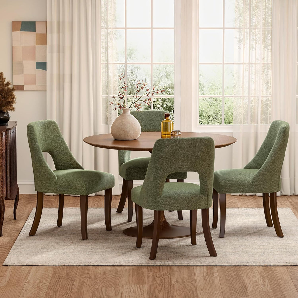 AQO Wooden Dining Chairs Set of 4, Mid Century Upholstered Kitchen Chairs Dining Room Chairs, Chenille Farmhouse Kitchen Chairs Dinner Chair for Kitchen Dining Room, Green