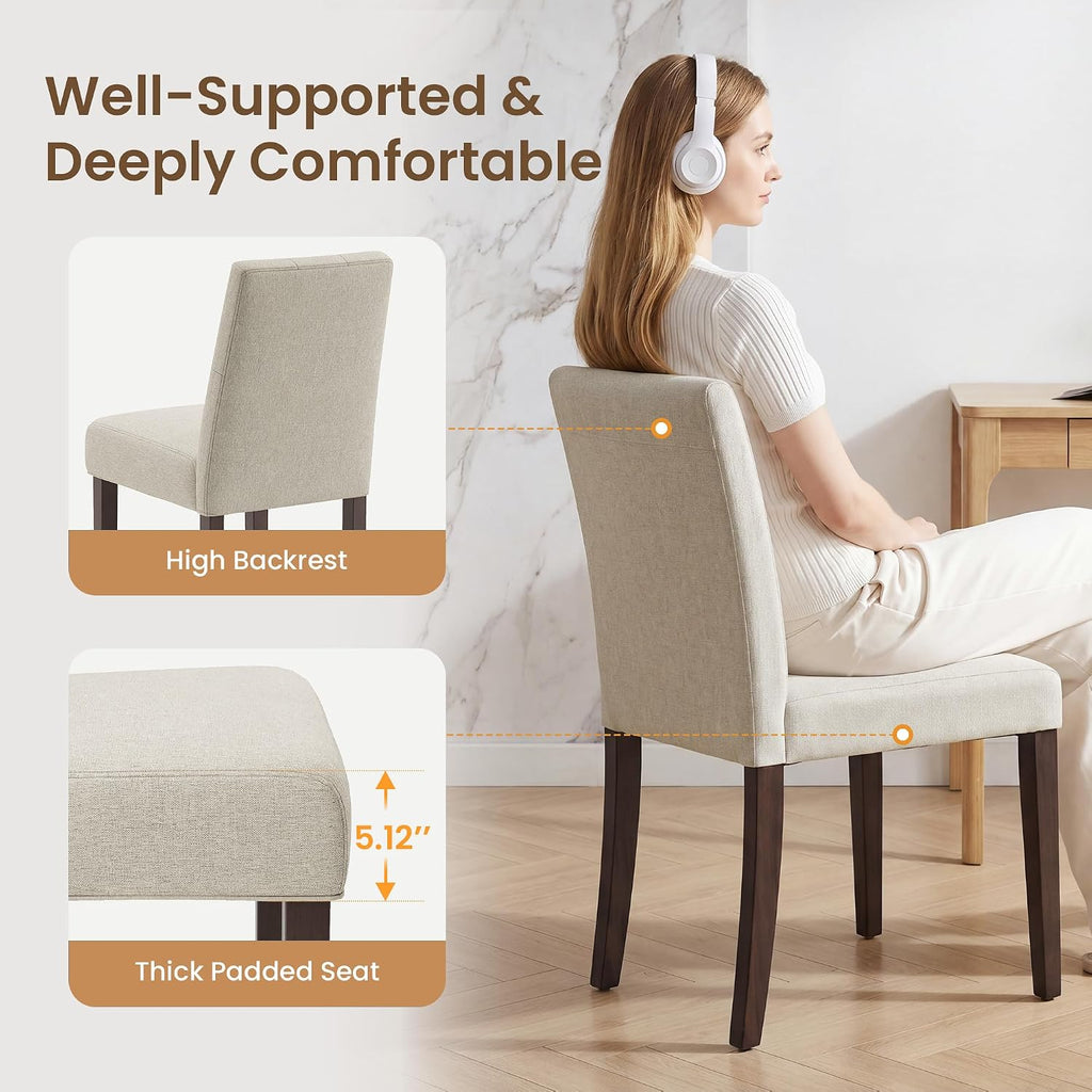 Dining Chairs Set of 2, Parsons Chairs for Small Spaces, Light Beige | Modern Dining Room Chairs with Solid Wooden Legs, Fabric Upholstered Kitchen Chairs for Restaurant & Cafe