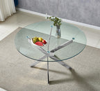 36" Luxury Glass Dining Table Set for 2, 3 Piece Modern Round Dining Tables with 2 White Leather Chairs, Dining Room Tables with Stainless Steel Base, Silver Kitchen Table and Chair Set for 2