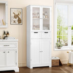 HOSTACK 64" Tall Storage Cabinet, Kitchen Pantry with Drawers, Modern Bathroom Cabinet with Shelves and Glass Doors, Free Standing Linen Storage Cupboard for Dining Room, White