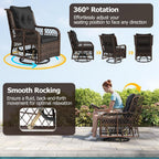 Tangkula 3 Pieces Outdoor Swivel Rocker Set, Rattan Wicker Patio Rocking Cushioned Chairs Set of 2 with Small Side Table, for Backyard, Poolside, Balcony, Lawn, Deck