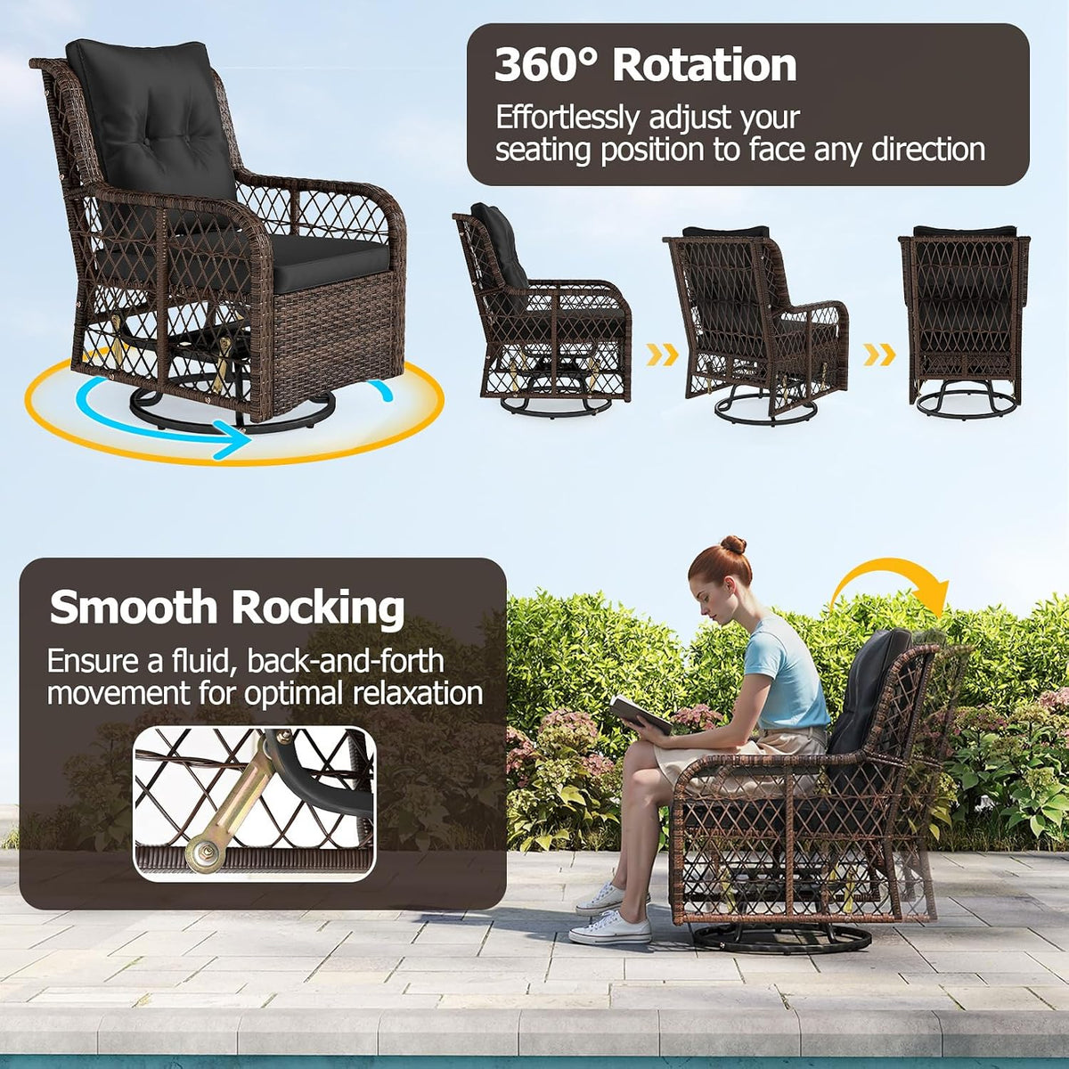 Tangkula 3 Pieces Outdoor Swivel Rocker Set, Rattan Wicker Patio Rocking Cushioned Chairs Set of 2 with Small Side Table, for Backyard, Poolside, Balcony, Lawn, Deck