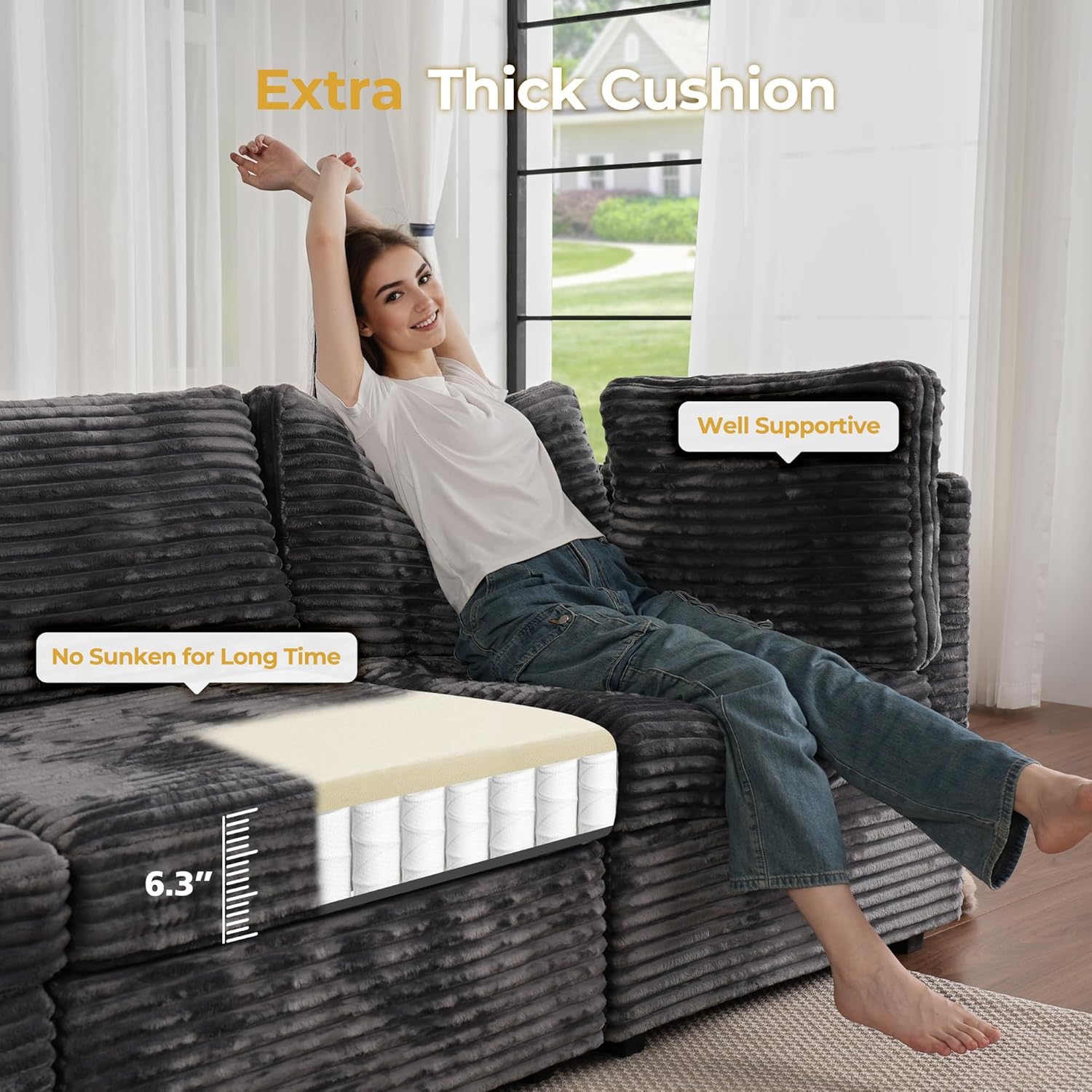 HOOOWOOO Cloud Sectional Couch,Modular L Shaped Sofa for Living Room,65x65 Free Combination 4 Seaters Couches Chaise Set with Ottomans(Wide Wale Plush Corduroy Charcoal Gray)