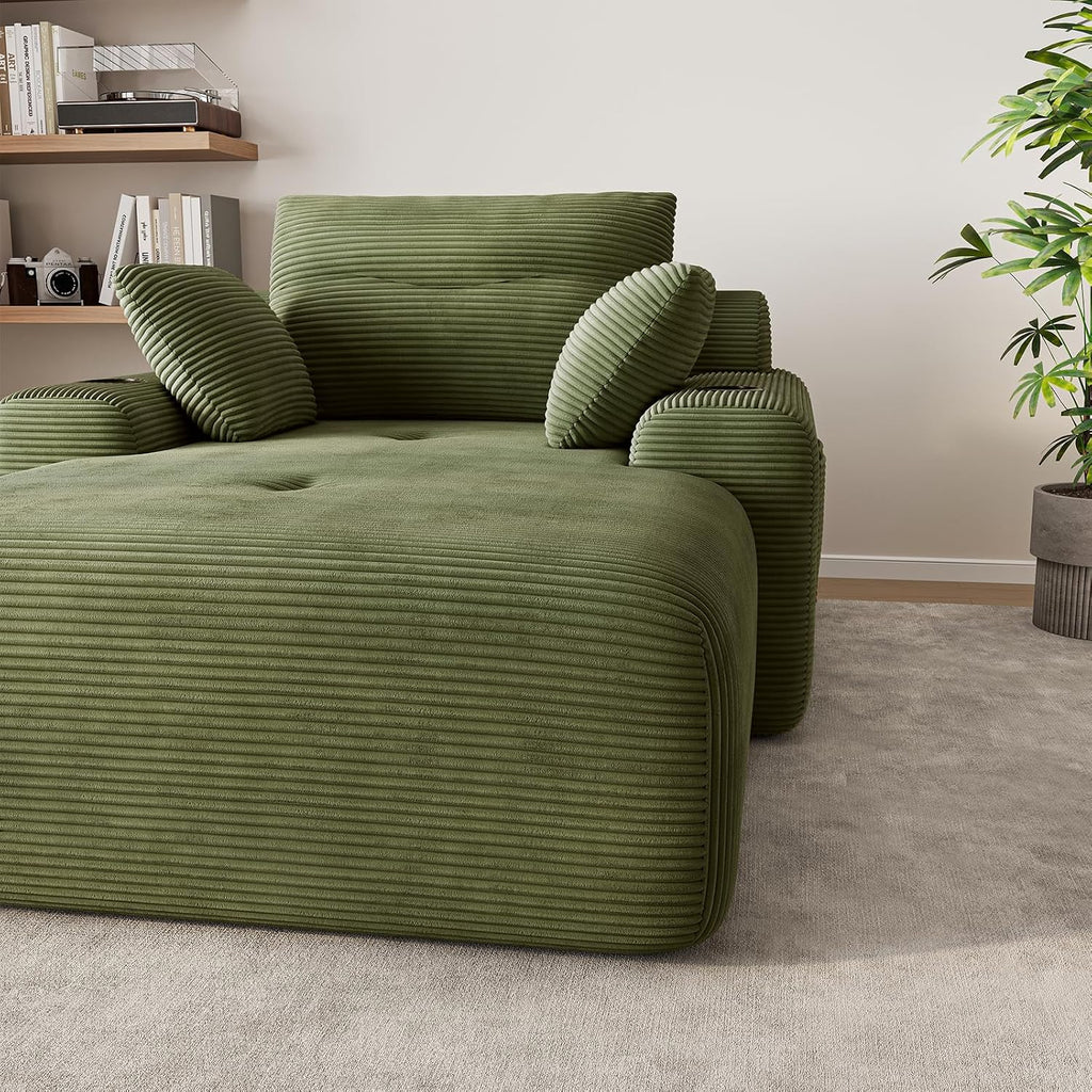 69” Floor Chaise Lounge Chair Indoor, Oversized Chaise Lounge Reading Chairs with 4 Side Pockets and 2 Cup Holders, Comfy Corduroy Sleeper Sofa Bed for Living Room Bedroom Apartment, Green