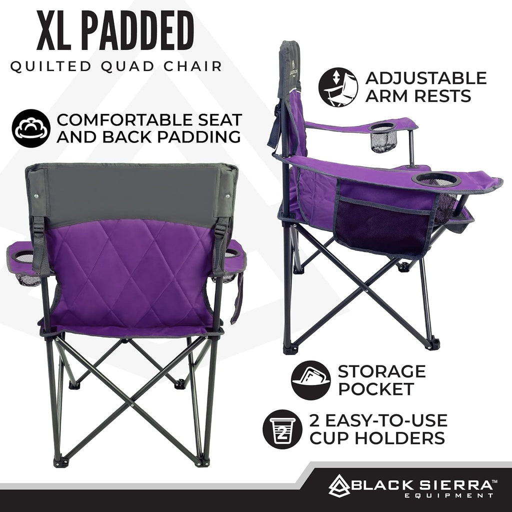 Black Sierra Quilted Padded Camping Chair, Oversized Heavy Duty Outdoor Lounge Seat Supports 300 lbs, Portable, Folding with Cup Holder for Beach, Tailgating, Sports, Patio