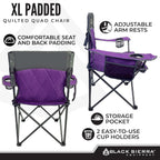 Black Sierra Quilted Padded Camping Chair, Oversized Heavy Duty Outdoor Lounge Seat Supports 300 lbs, Portable, Folding with Cup Holder for Beach, Tailgating, Sports, Patio