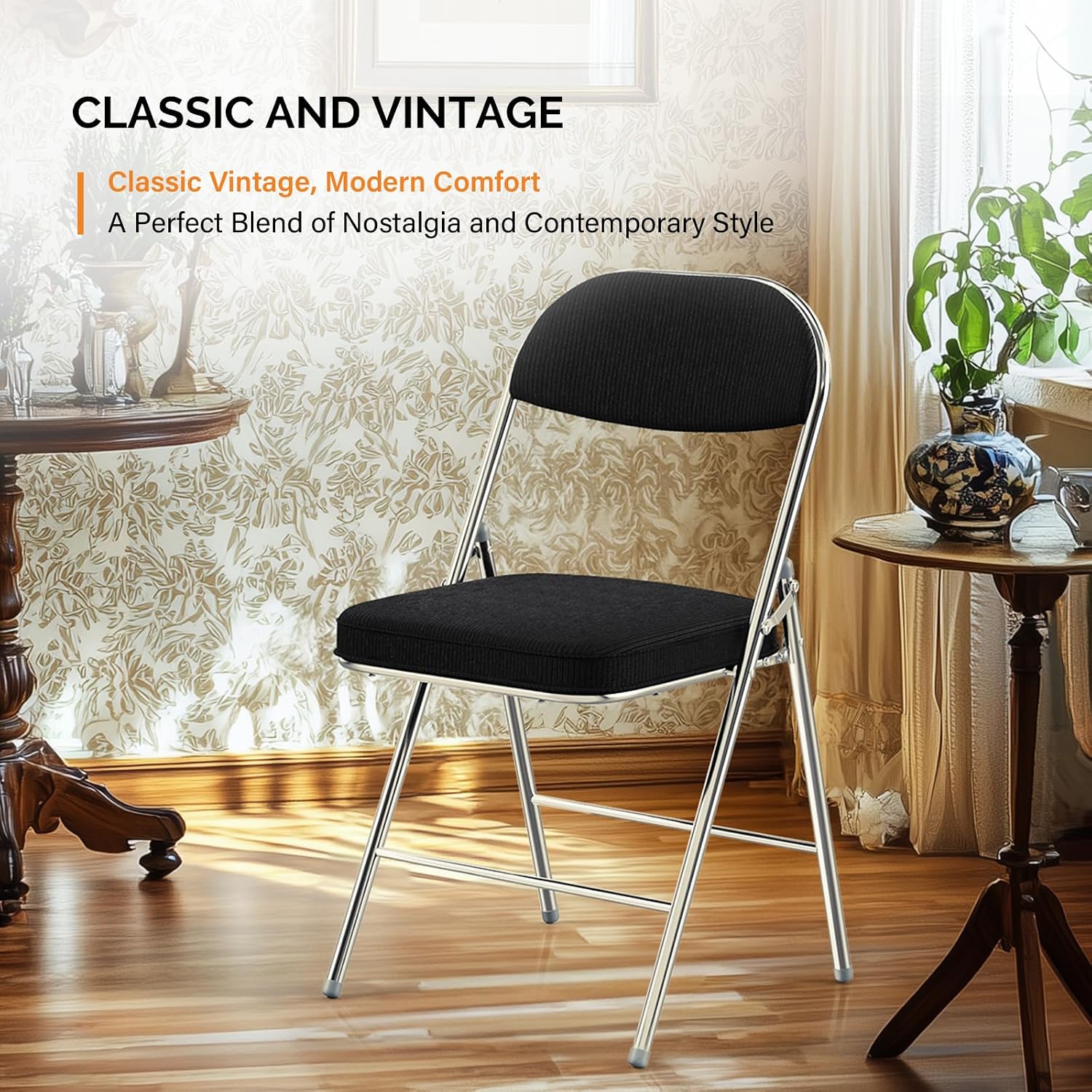 VINGLI Folding Chairs with Padded Seat & Backrest, Metal Frame, Durable Corduroy Fabric, 350 lbs Capacity, Set of 1, Black – Ideal for Weddings, Parties, Office Events