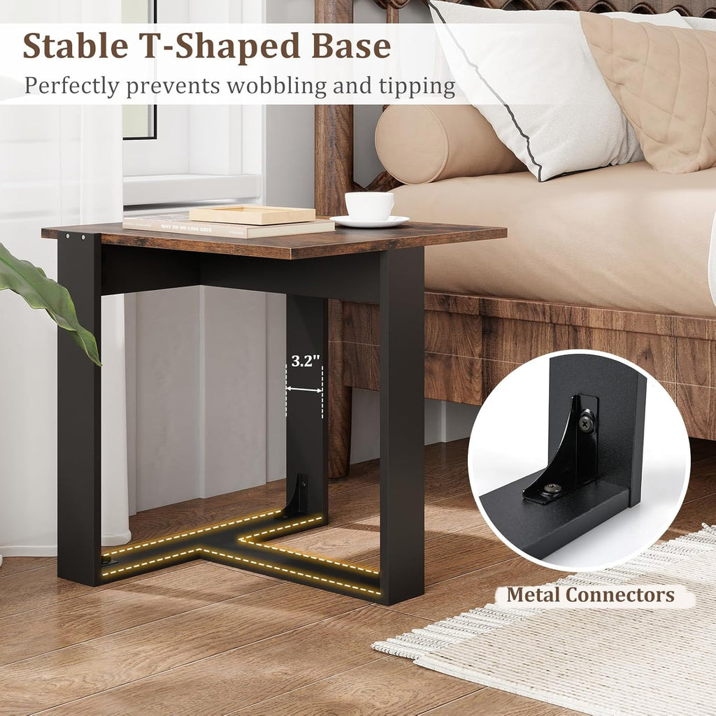Giantex Industrial End Table Set of 2, Square Bedside Night Stand w/T-Shape Metal Frame, Accent Nightstand for Bedroom, Wood Sofa Side Tables for Living Room Office Small Space, Rustic Brown