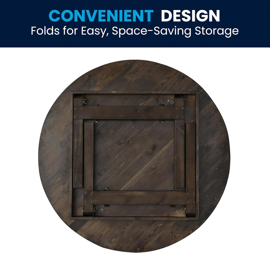 Flash Furniture Hercules Commercial Round Farmhouse Folding Table, Antique Rustic Solid Pine Dining Room Table, Foldable Locking Legs, 60" Diameter, Mahogany