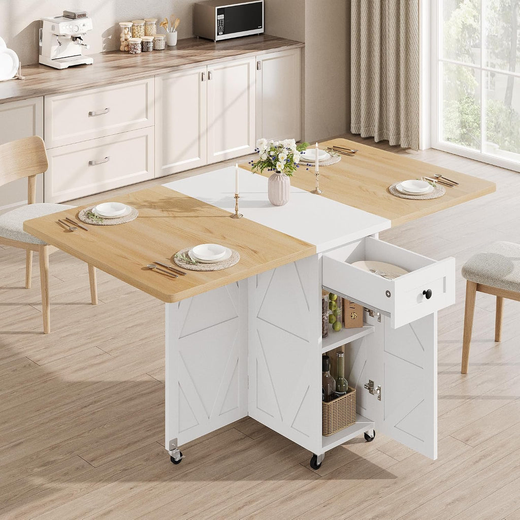 Jocoevol Folding Dining Table for Small Spaces, Foldable Kitchen Table with Drawer, 2-Tier Storage Shelf & Wheels, Space Saving Dining Table for 2 4, Farmhouse, (Natural 47.2" x 23.6" x 29.5")