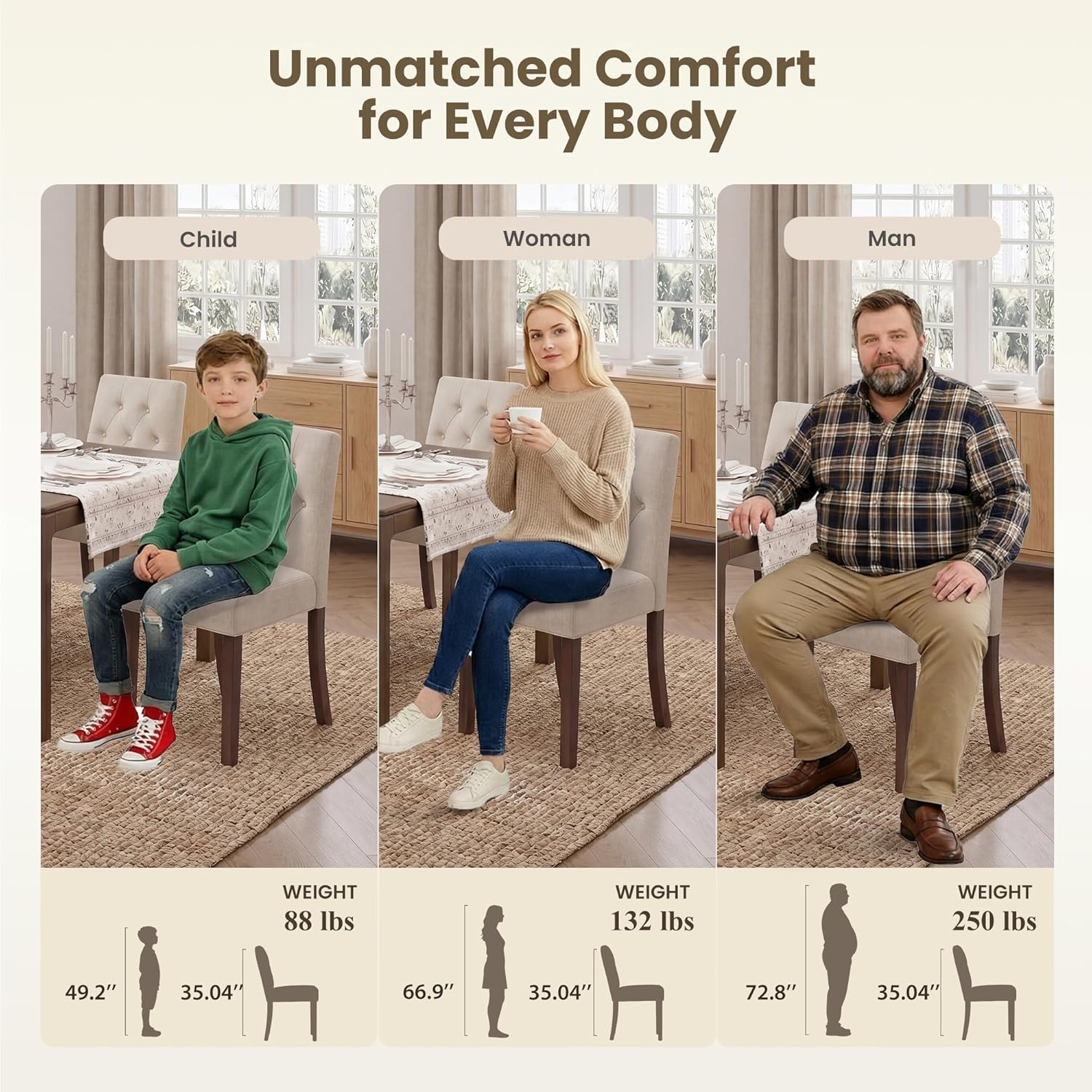 Upholstered Dining Chairs Set of 6 - Modern Parsons Kitchen & Dining Room Chair with Diamond Tufted Back, Solid Wooden Legs for Apartment, Café, Vanity