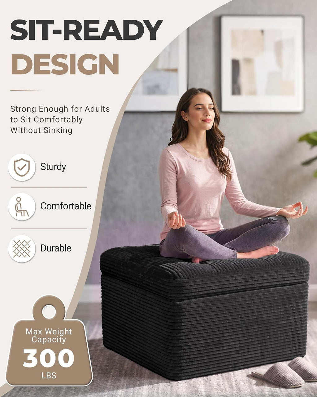 23.6in Pouf Ottoman, Corduroy Ottoman Foot Rest with Dual‑Layer Support, Large Plush Pouf with Soft Chunk‑Foam Top & Firm Foam Base, Floor Foot Stool for Living Room, Black