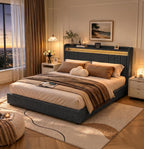 Queen Size Bed Frame with 4 Drawers, 51" Tall Storage Headboard, Grey