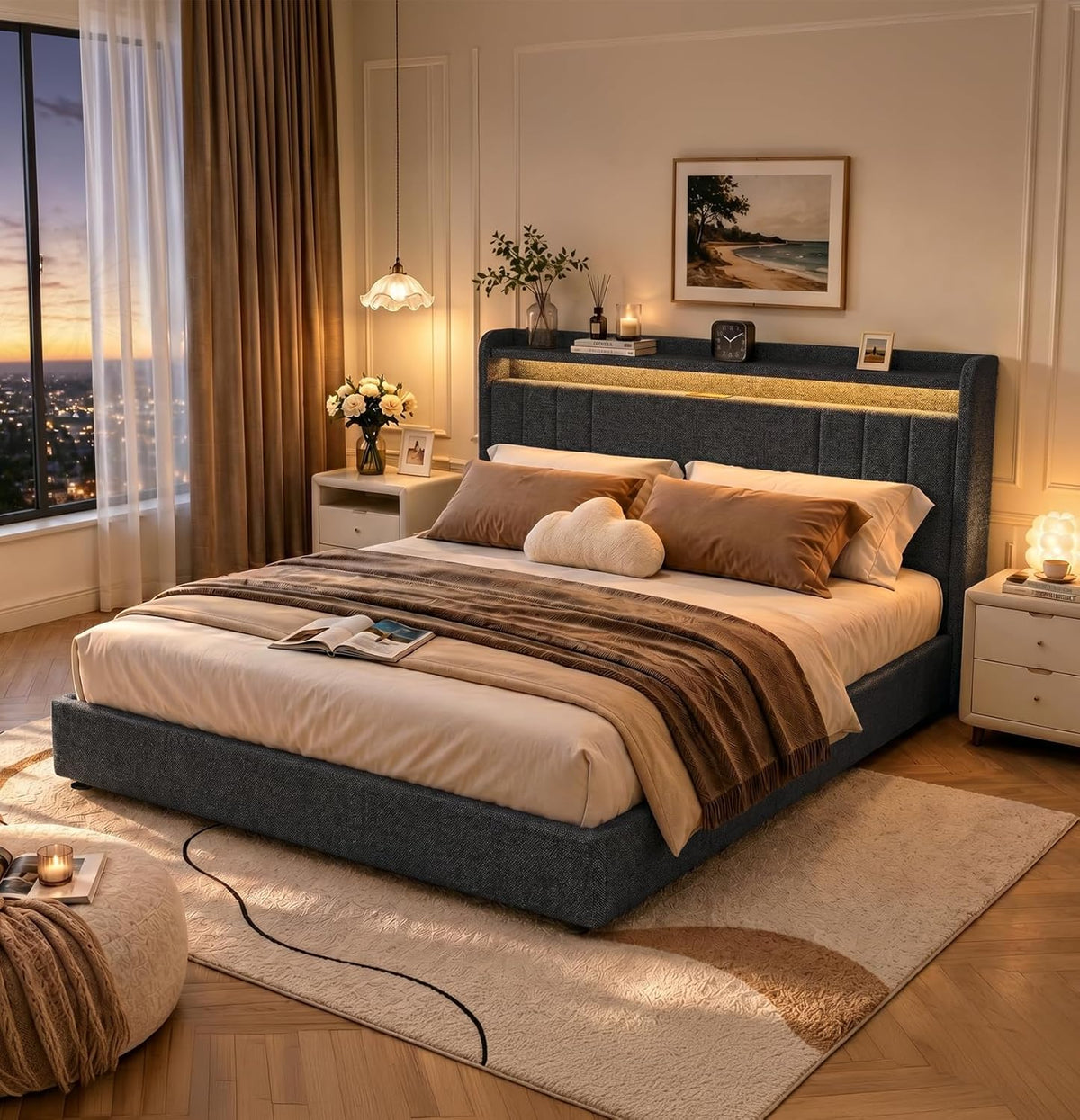 Queen Size Bed Frame with 4 Drawers, 51" Tall Storage Headboard, Grey