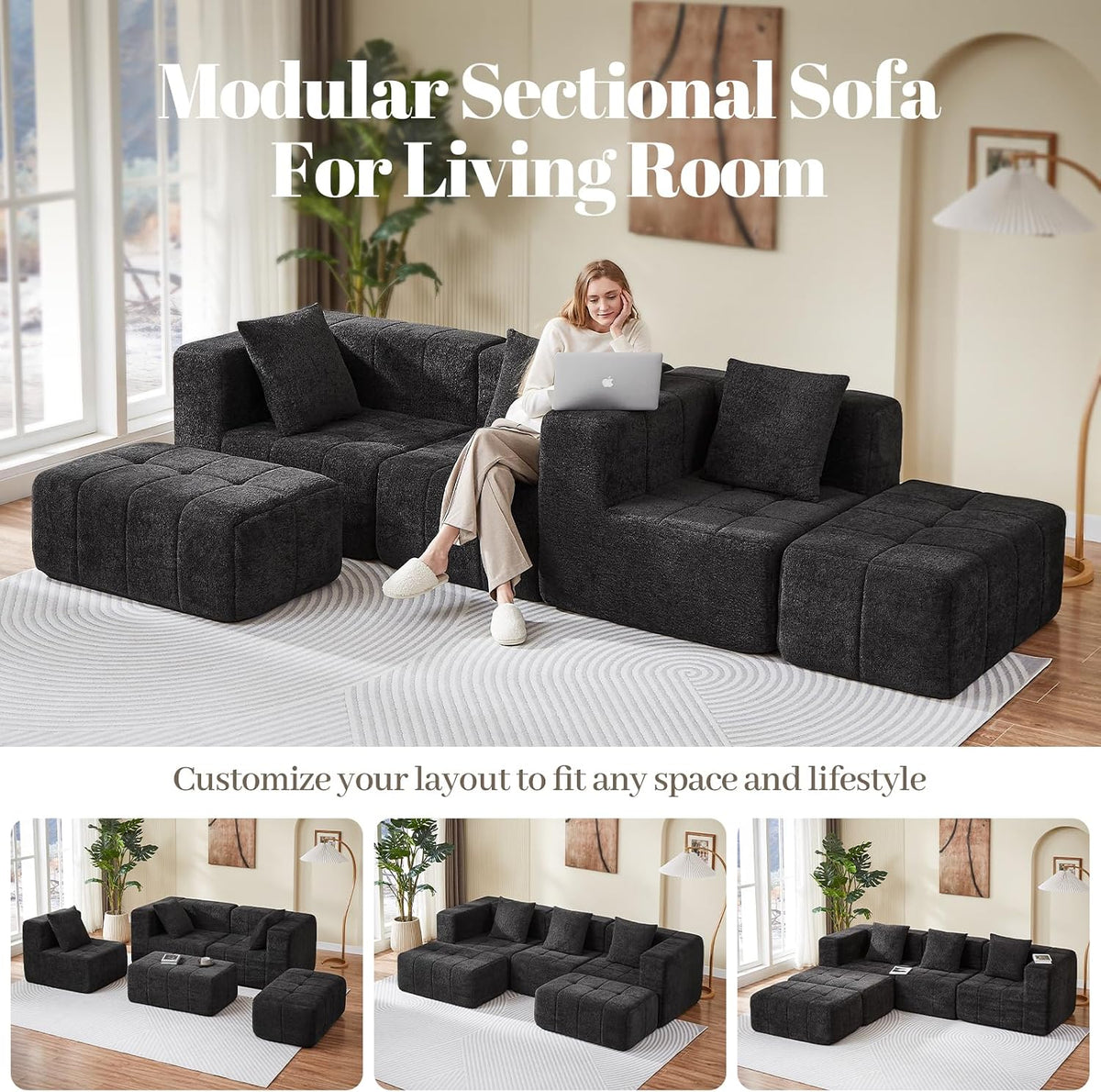 Modular Sectional Sofa with Deep Seat, Cloud Couch with 2 Movable Ottoman, No Assembly Required, Modern Plush Corduroy Cloud Couches for Living Room & Apartment, Black