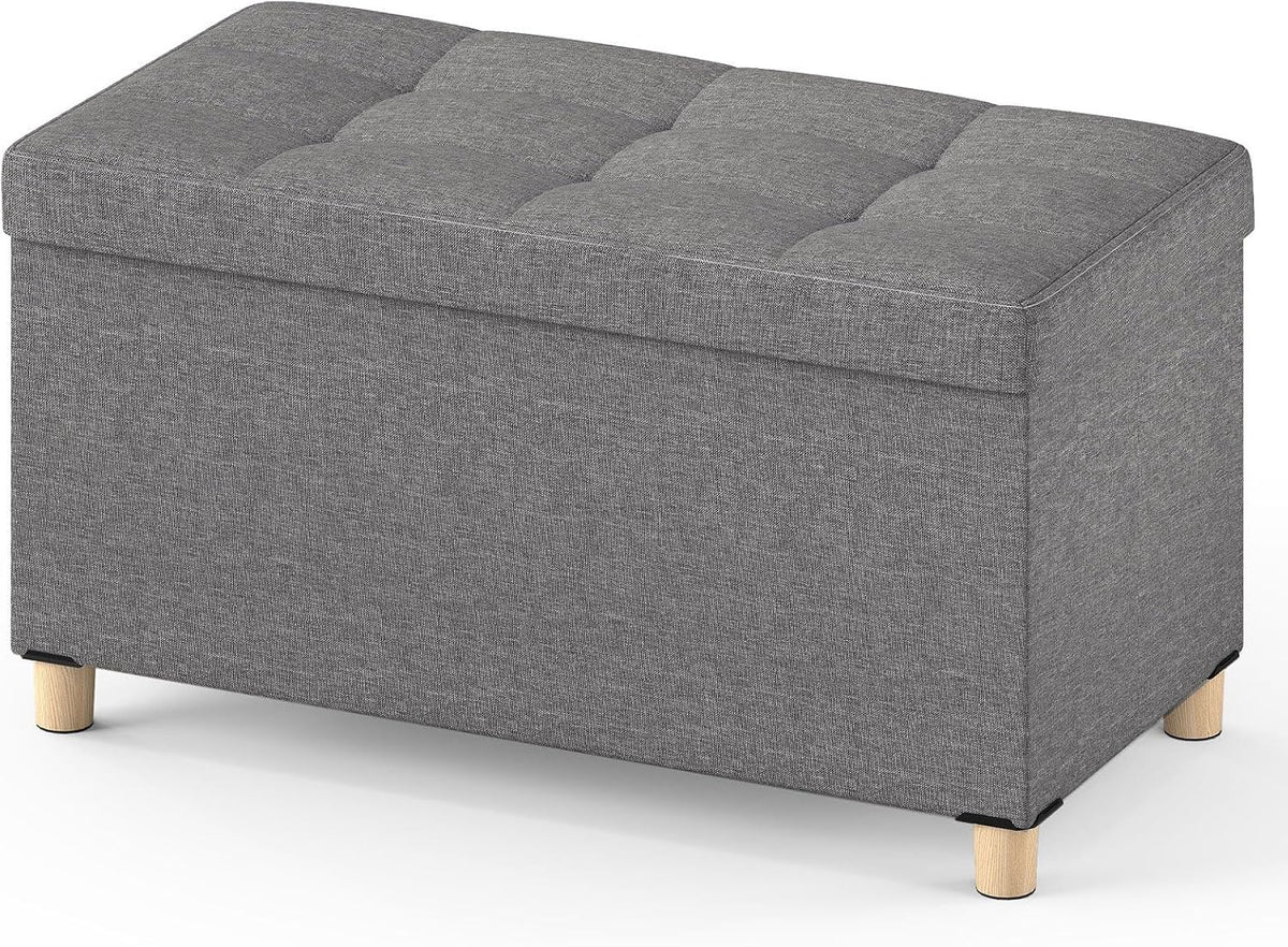 Giantex Storage Ottoman Bench with Tray Lid, Folding Linen Fabric Foot Stool with Elevated Wooden Legs, Multi-Functional Ottoman Foot Rest for Living Room Bedroom Entryway, 15 x 30 x 15.5 in