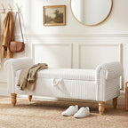 55" Storage Ottoman Bench, Corduroy End of Bed Bench for Bedroom, White | Upholstered Entryway Bench with Seating, Solid Wood Legs, Rolled Arm, for Bedroom Living Room Window Hallway, up to 285 lbs