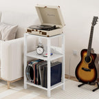 TUTOTAK Record Player Stand with Storage Up to 100 Albums | Record Storage Table, 3 Tier End Table with Charging Station, Side Table for Living Room, Bedroom, White TB01BW076