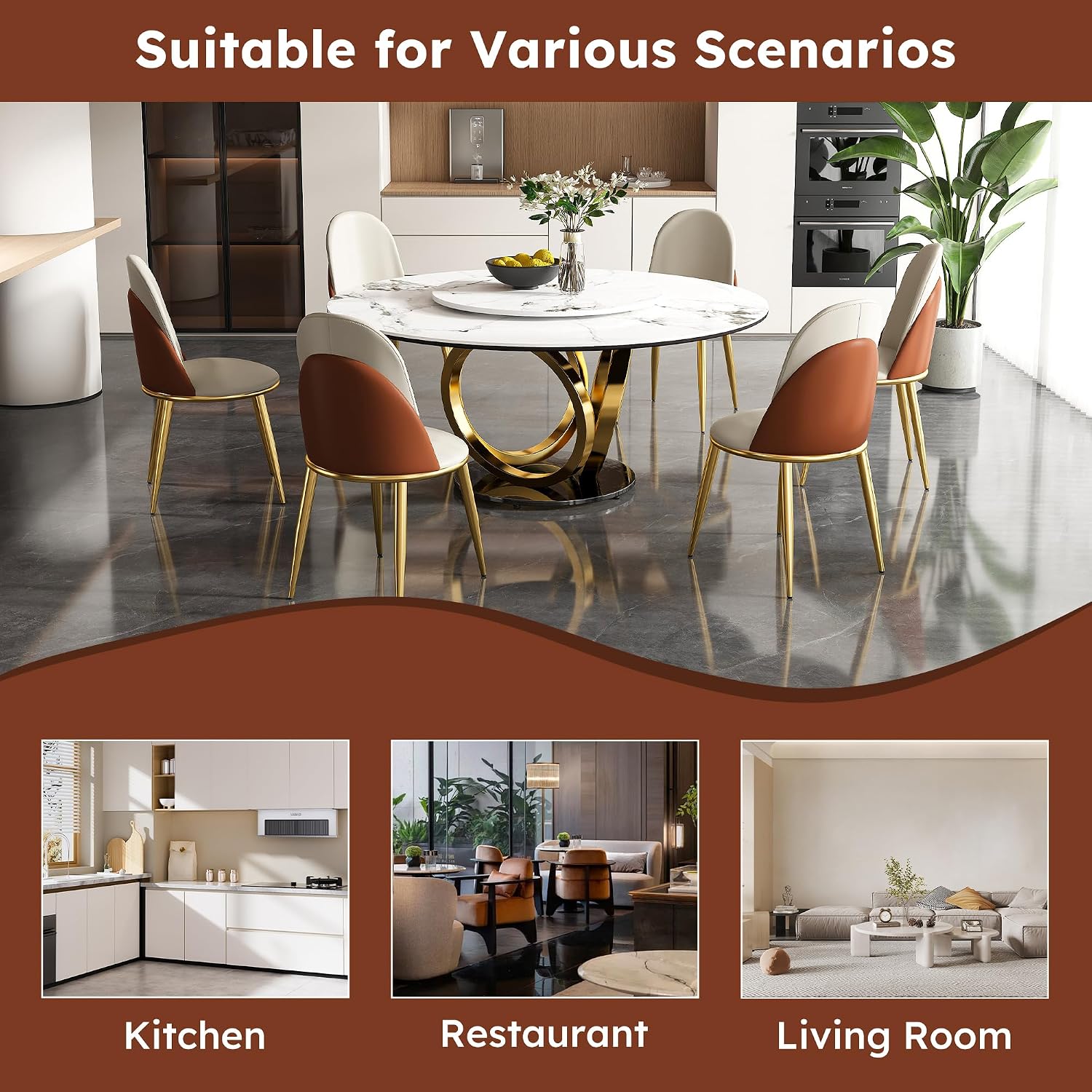 Montary 59” Modern Round Dining Table for 6-8 Seat, Artificial Marble Dining Room Table with Lazy Susan, 3 Gold Circles Stainless Steel Base, Sintered Stone Top Dining Table (Only Table)