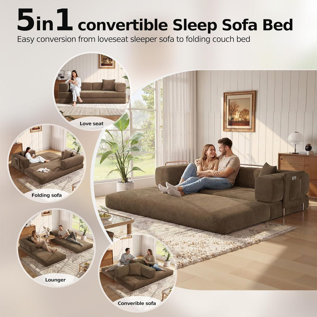 MoonSpeak 78.8'' Futon Sofa Bed, Couches for Living Room | Corduroy Convertible Futon Sofa Bed with Storage Pocket, Modular Sleeper Couch in a Box, No Assembly (Brown)