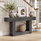 LITTLE TREE 63 Inches Long Console Table, 2-Tier Farmhouse Sofa Table Behind Couch, Large Narrow Entryway Table for Living Room, Wooden Hallway Foyer Table with Heavy Duty Base, Grey