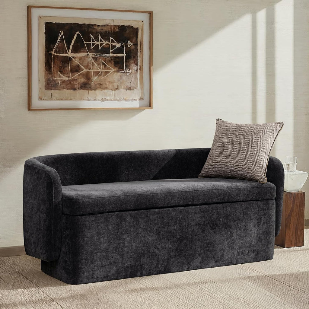 HULALA HOME 61" Bedroom Storage Bench with Low Backrest, Black | Upholstered Chenille End of Bed Bench, Large Storage Ottoman with Seating for Living Room