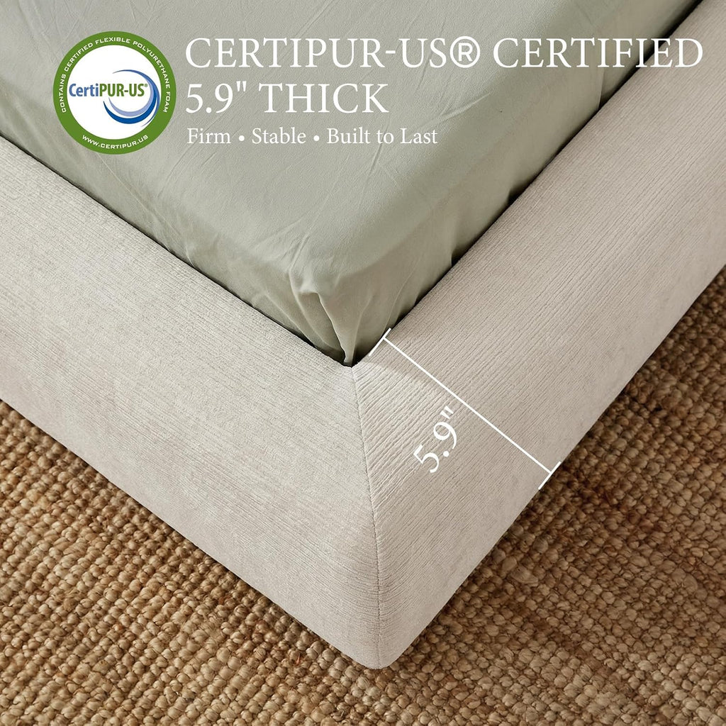 XIAO WEI King Cloud Bed Frame, Upholstered Platform Bed Frame with Headboard, 5.9" Thick Fully Padded Frame, White Ribbed Chenille Fabric, Noise-Free, No Box Spring Required, Easy Assembly