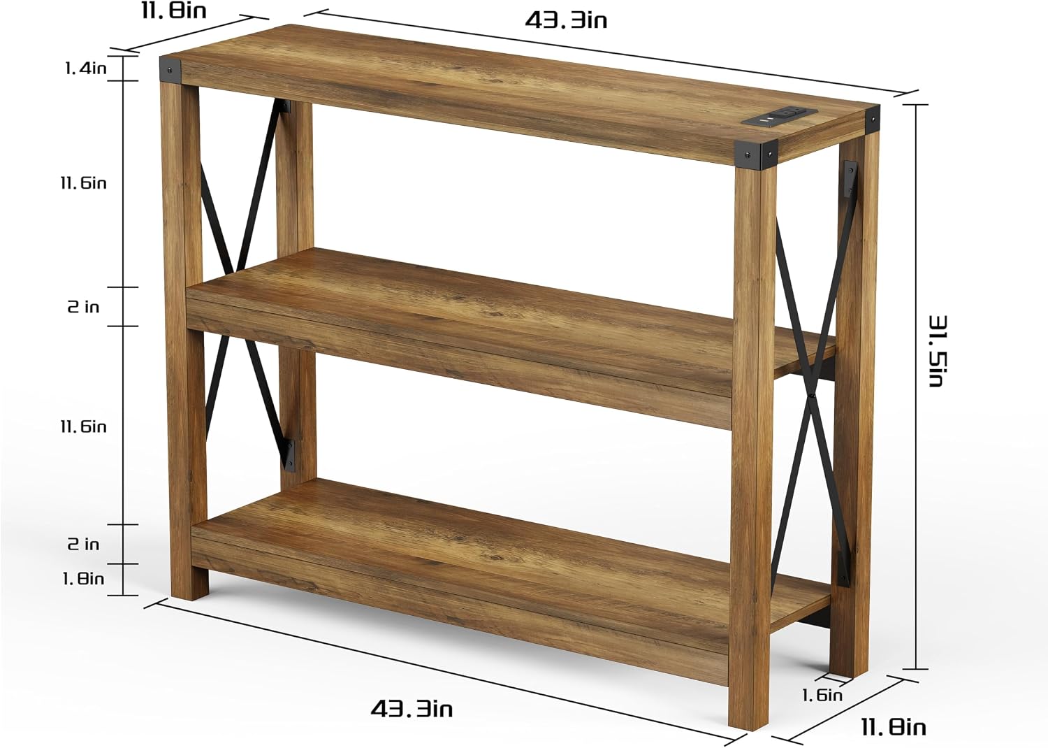 Entryway Table with Outlets and USB Ports, Console Table with 3-Tier Open Storage Shelves, Wooden Sofa Table with Metal X-Shaped Design for Living Room/Couch/Hallway/Foyer (Rustic Oak-s)
