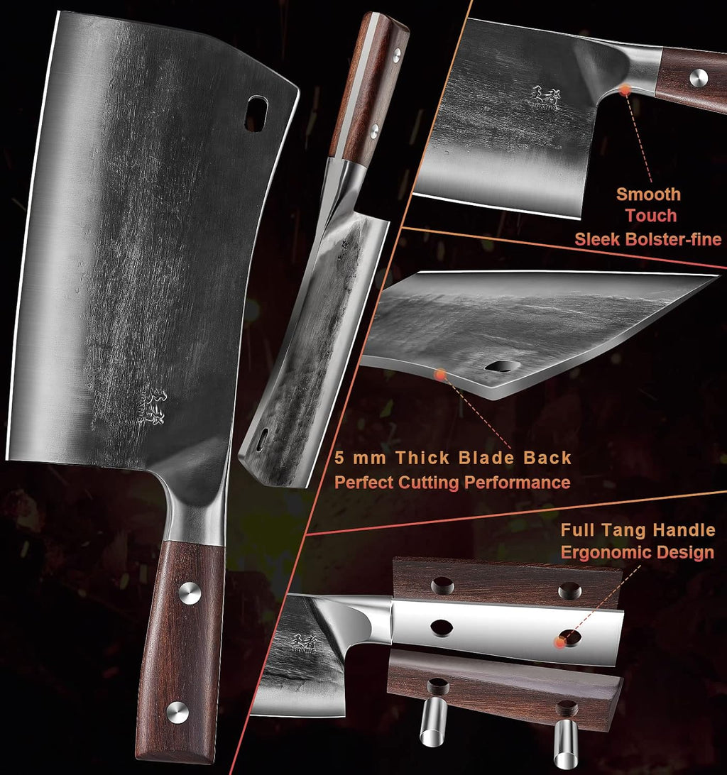 ENOKING Cleaver Knife, 7.5 Inch Hand Forged Meat Cleaver Heavy Duty Bone Chopper German High Carbon Stainless Steel Butcher Knife with Full Tang Handle for Home Kitchen and Restaurant, Ultra Sharp
