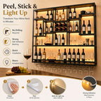 71in LED Wall Mounted Wine Rack with Stemware Holder and Wood Shelves | Combines warm LED lighting, 176 lb capacity and spacious bottle storage to create a practical, organized home bar display