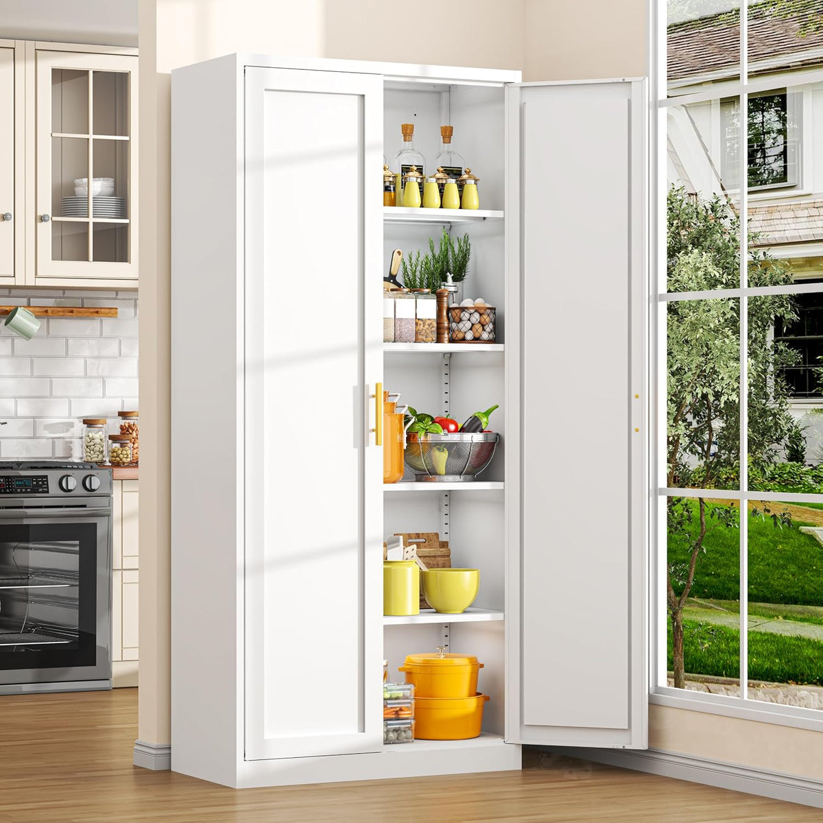 CJF White Kitchen Pantry Cabinet,71 Inch Tall Metal Storage Cabinet with 4 Adjustable Shelves and Doors, Freestanding Pantry Cabinet for Kitchen, Living Room, Dining Room, Bathroom, Easy to Assemble