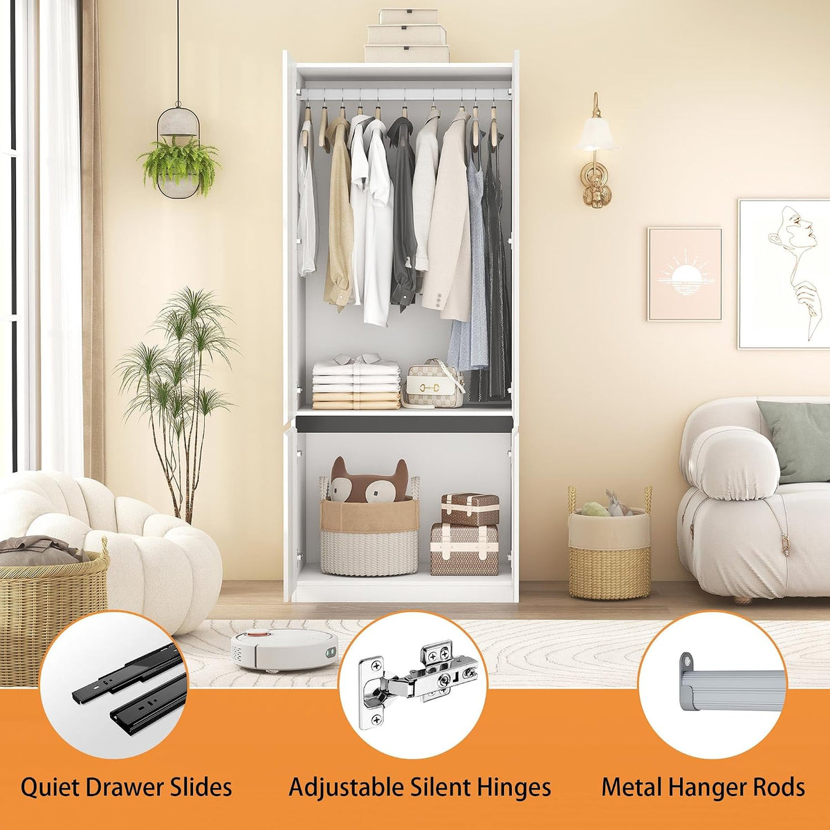 Armoire Wardrobe Closet with Drawers：75" Large White Wardrobe Closet Cabinet with 6 Doors for Hanging Clothes, Modern Wooden Bedroom Armoires with 5 Drawers and Storage (A+B+C, 94.5")
