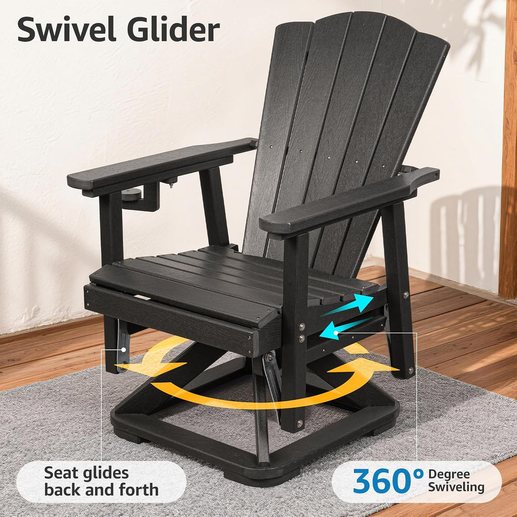 LETKIND Adirondack Swivel Glider Chair, Weather Resistant Adirondack Outdoor Rocking Chair, HDPE Glide for Outside, All-Weather Glider Chair for Porch, Balcony, Lawn, Black