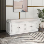 SOFTSEA 42.7" Shoe Bench with Padded Seat Cushion, 2-Tier Entryway Bench with 4 White Doors and Adjustable Shelves, Shoe Cabinet for Entryway, Bedroom, Living Room, White