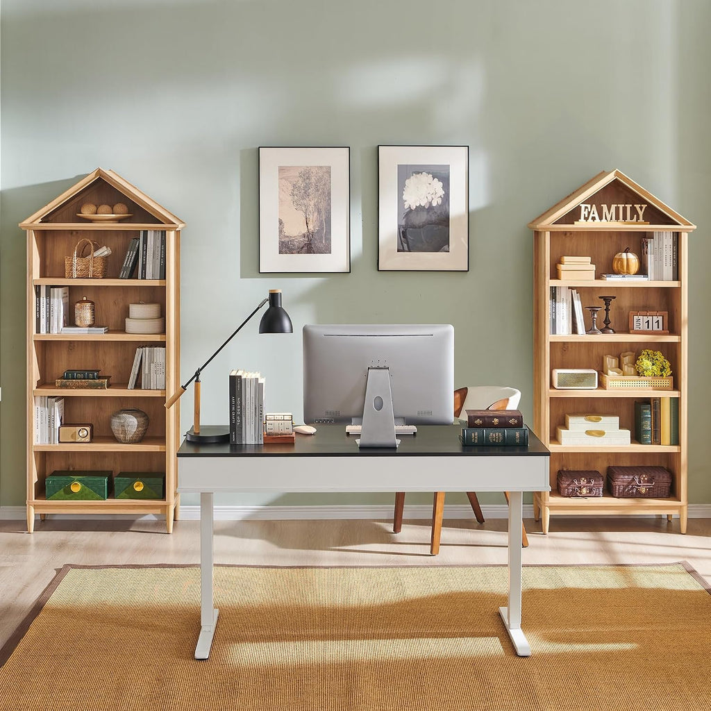 75.9" Tall Farmhouse Bookcase, Angle Arched 5 Tiers Large Bookshelf with Adjustable Shelves, Modern Wooden Geometric Book Shelf w/Storage and Open Display Shelves for Living Room, Office-Natural