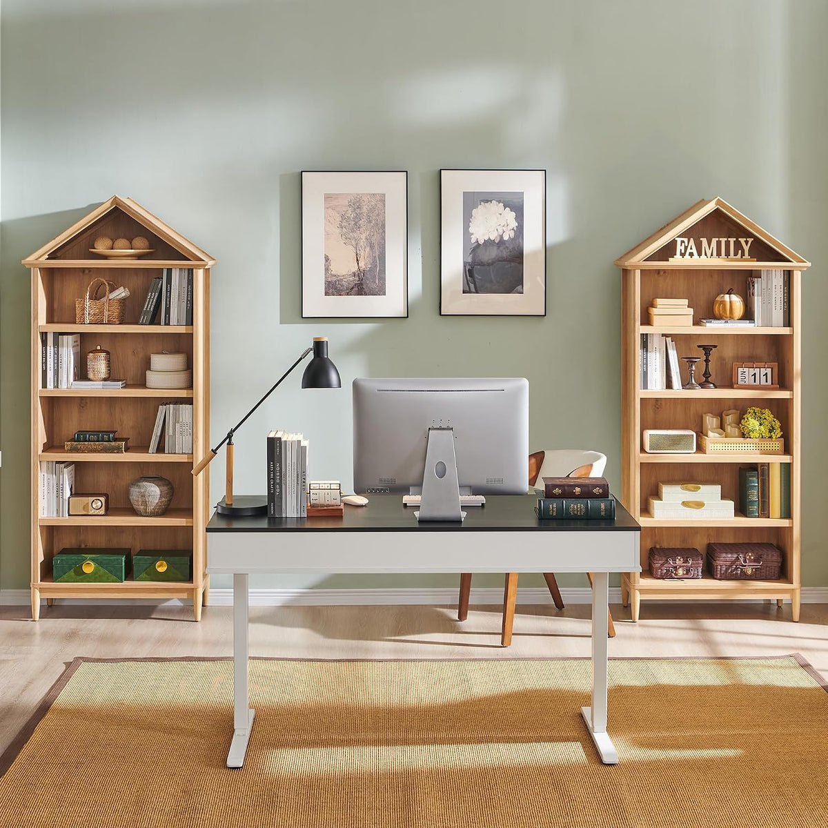 75.9" Tall Farmhouse Bookcase, Angle Arched 5 Tiers Large Bookshelf with Adjustable Shelves, Modern Wooden Geometric Book Shelf w/Storage and Open Display Shelves for Living Room, Office-Natural