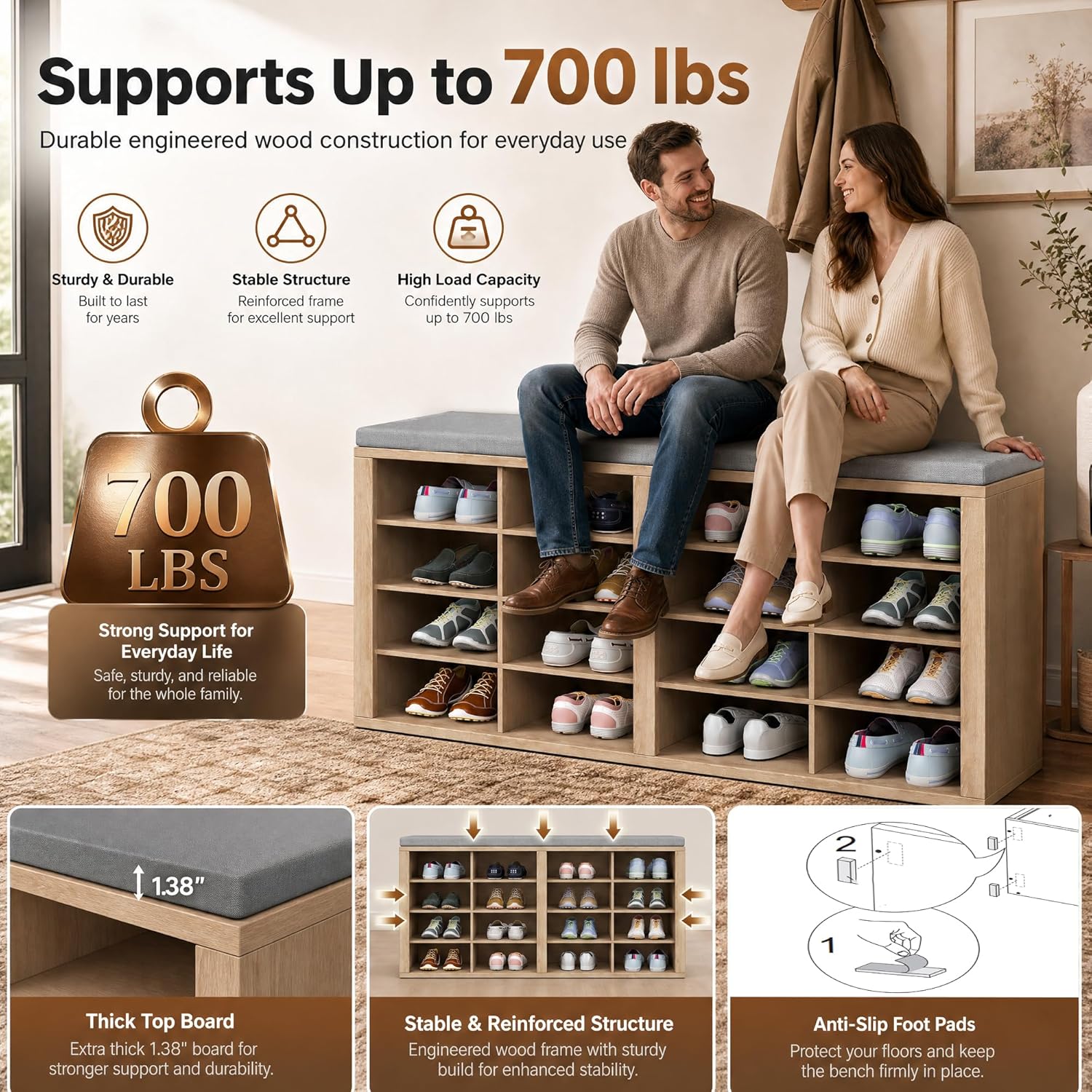 Shoe Storage Bench with Cushion, 16-Cubby Entryway Bench with Adjustable Shelves, 23" Tall Heavy Duty 700 lb Capacity, for Bedroom, Hallway, Mudroom