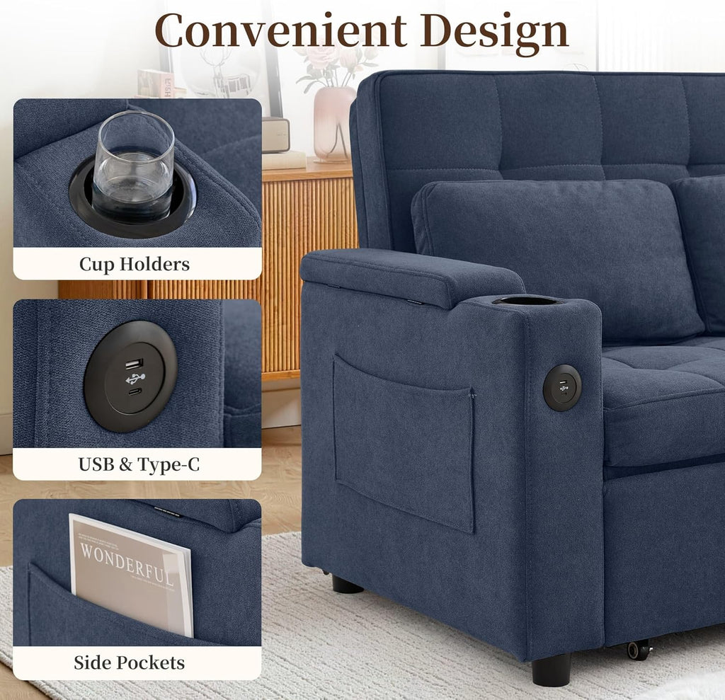 Korser 55.5'' 3-in-1 Convertible Sofa Bed, Pull Out Couch with 5-Position Adjustable Backrest, Loveseat Sleeper Sofa for Small Spaces, Sofa Couch with Cup Holders for Living Room, Office, Chenille