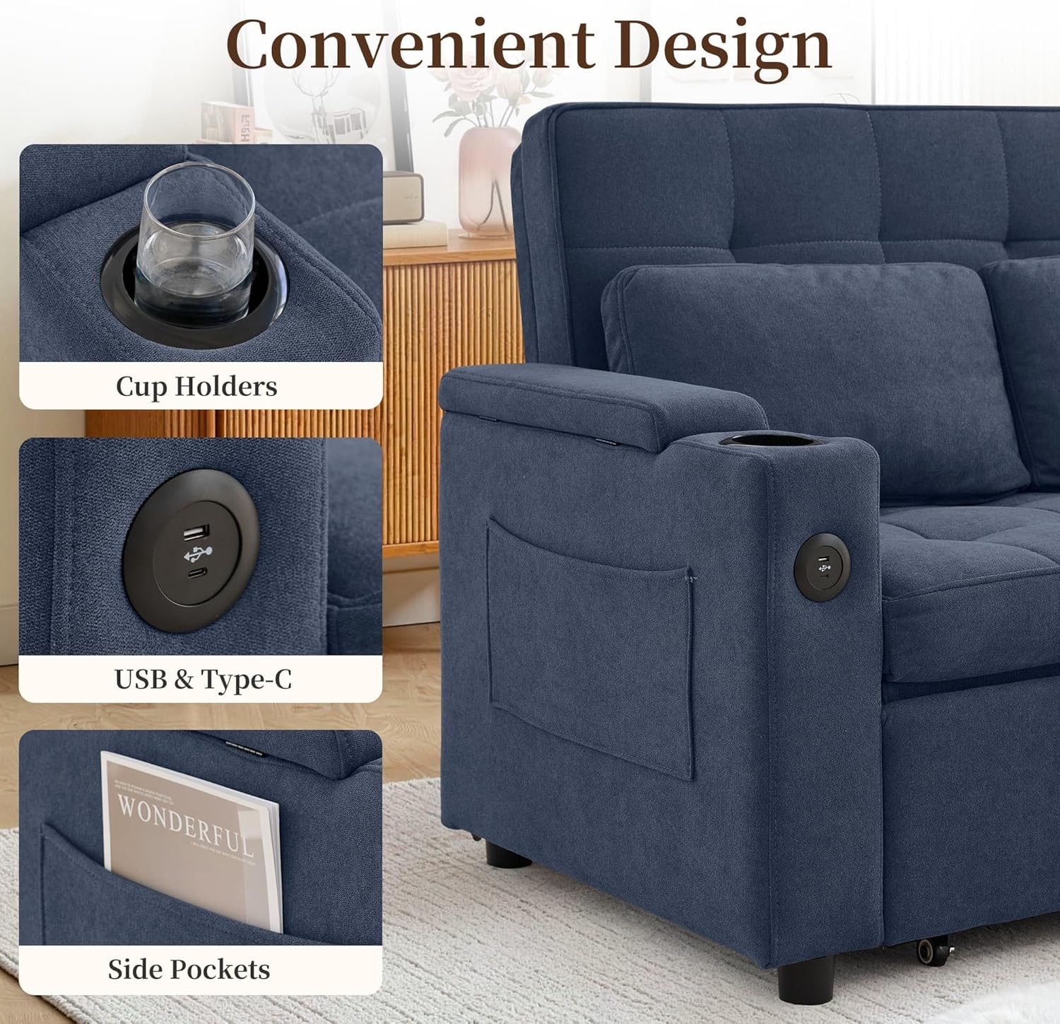 Korser 55.5'' 3-in-1 Convertible Sofa Bed, Pull Out Couch with 5-Position Adjustable Backrest, Loveseat Sleeper Sofa for Small Spaces, Sofa Couch with Cup Holders for Living Room, Office, Chenille