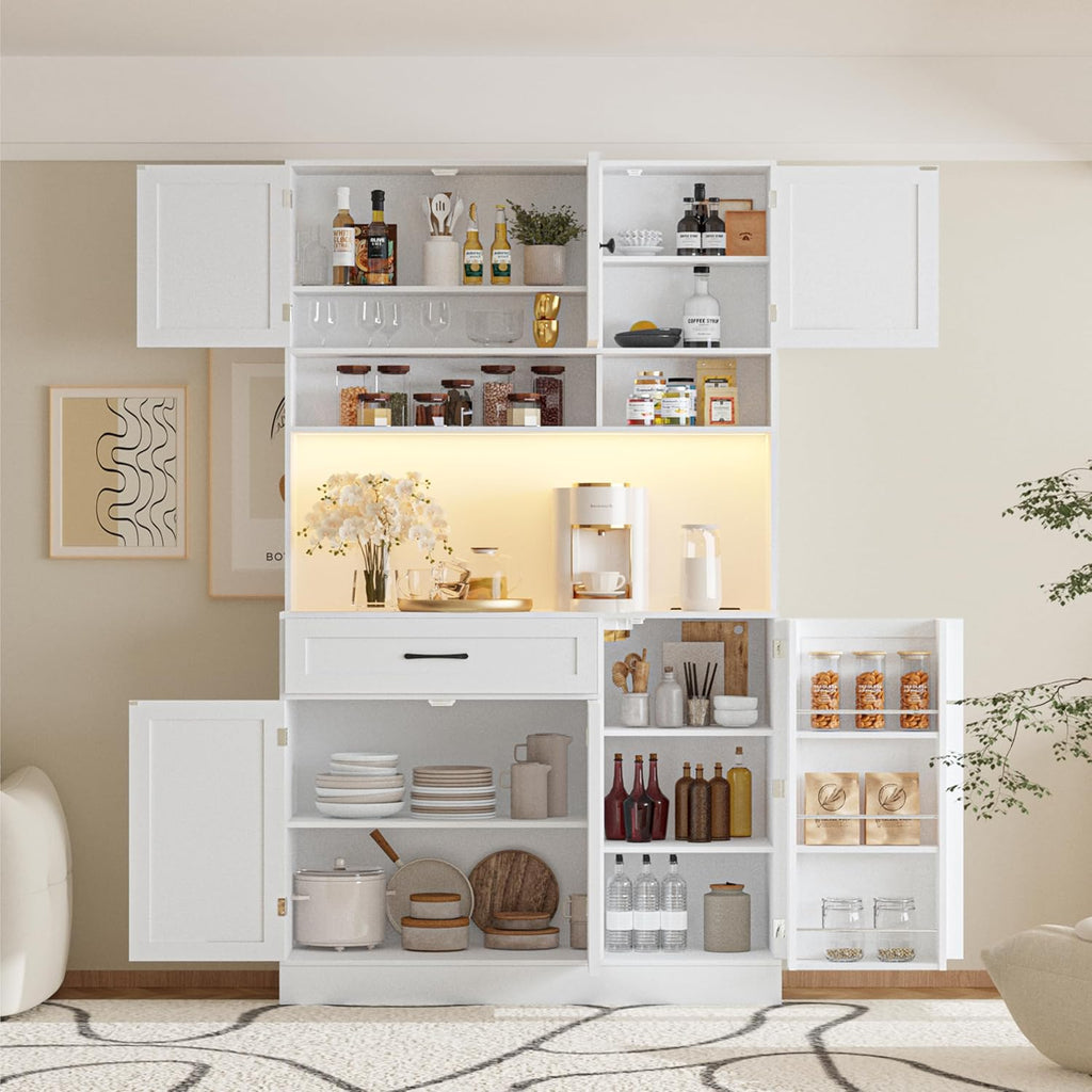 FJTJBSI 72" Kitchen Pantry Cabinet with Charging Station and LED Light Tall Pantry Storage Cabinet with Adjustable Shelves Freestanding Kitchen Hutch with Countertop for Dining Room White
