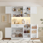 FJTJBSI 72" Kitchen Pantry Cabinet with Charging Station and LED Light Tall Pantry Storage Cabinet with Adjustable Shelves Freestanding Kitchen Hutch with Countertop for Dining Room White