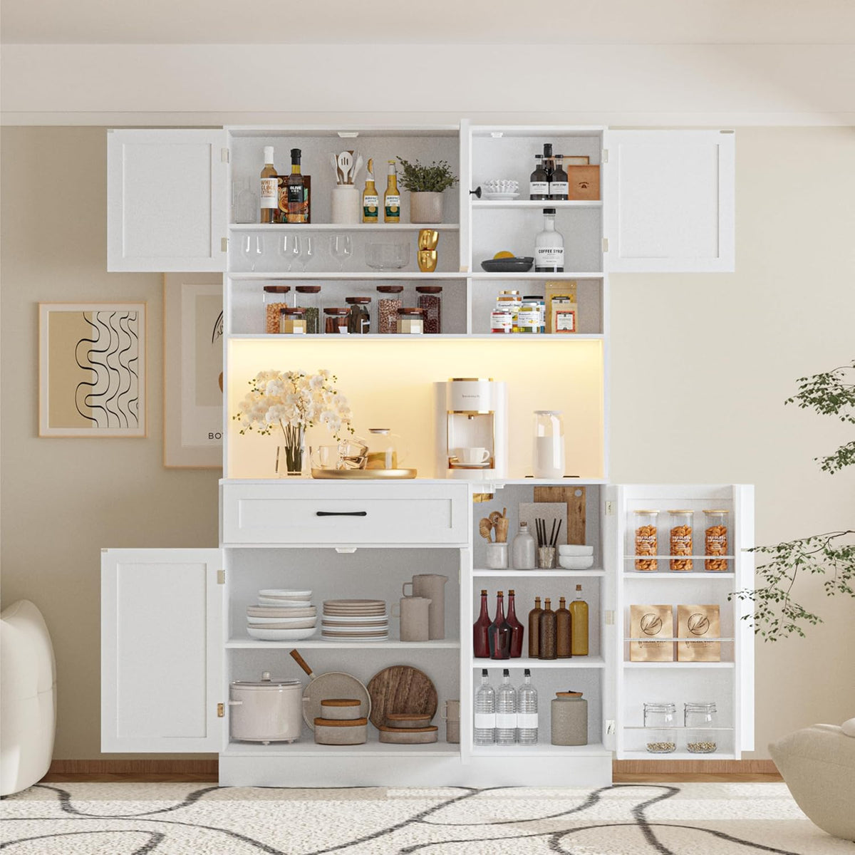 FJTJBSI 72" Kitchen Pantry Cabinet with Charging Station and LED Light Tall Pantry Storage Cabinet with Adjustable Shelves Freestanding Kitchen Hutch with Countertop for Dining Room White