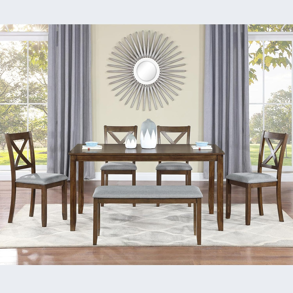 Harper & Bright Designs 6-Piece Dining Table Set with 4 Chairs and Bench, Modern Wood Kitchen Table Set for Dining Room, Breakfast Nook or Small Spaces, Walnut