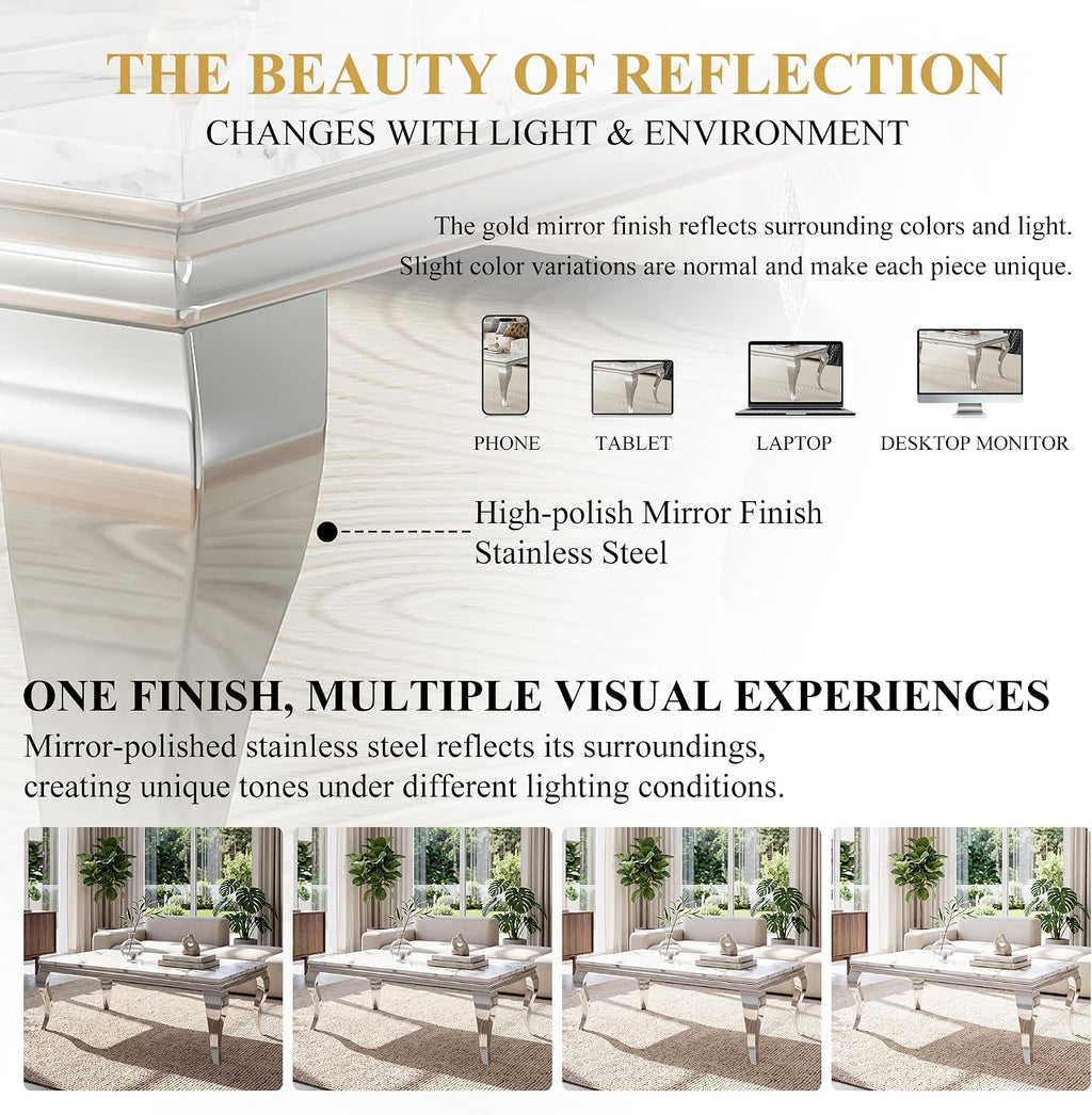 3-Piece Faux Marble Coffee Table Set with Silver Stainless Steel Legs | Modern Rectangular Center Table and 2 Square End Tables for Living Room, Office