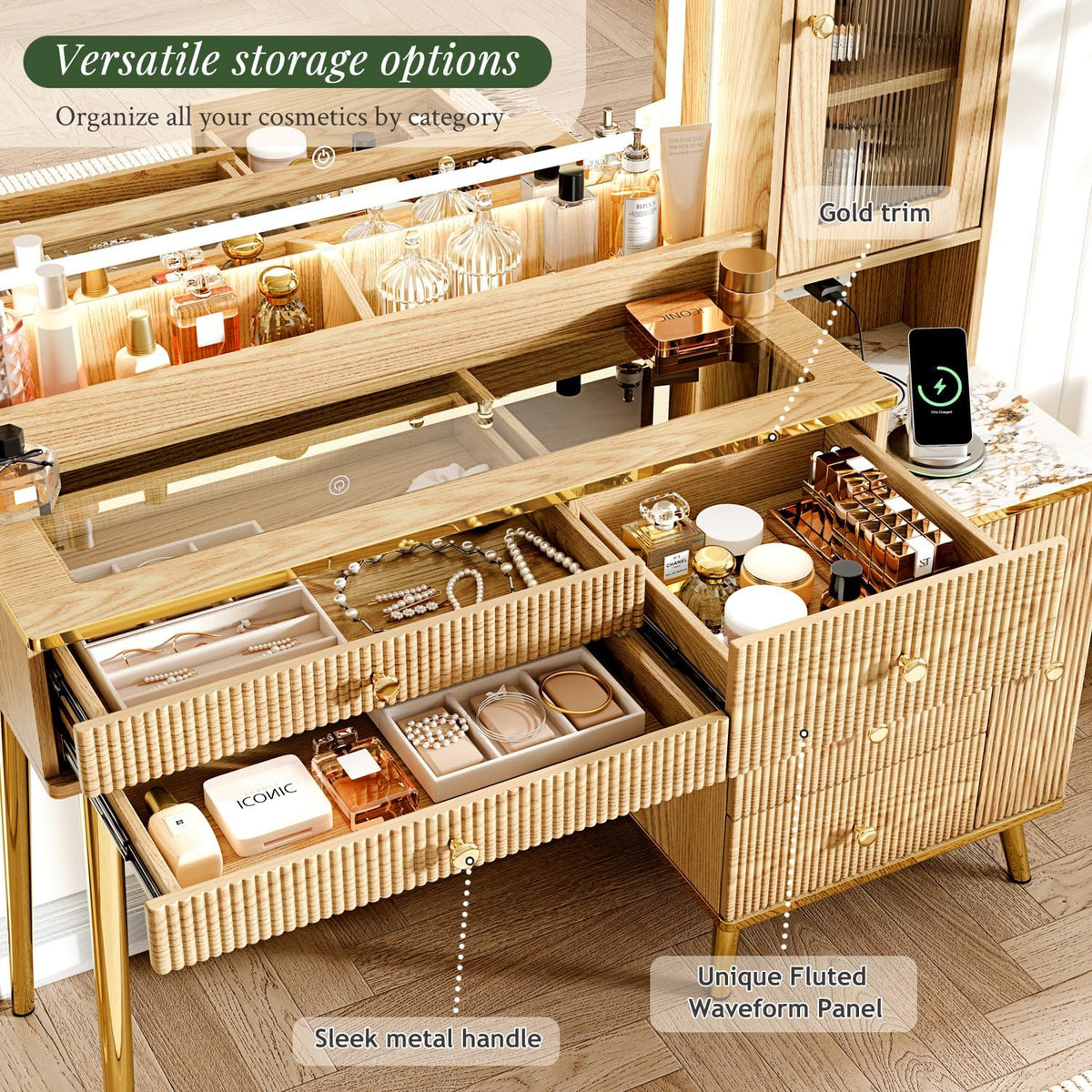 Arulvmrn Vanity Desk with 35.12" HD Lighted Mirror, 46.85" Big Modern Vanity Desk with Mirror and Lights, Makeup Vanity with 7 Drawers and Storage Shelves and Charging Station, Wood