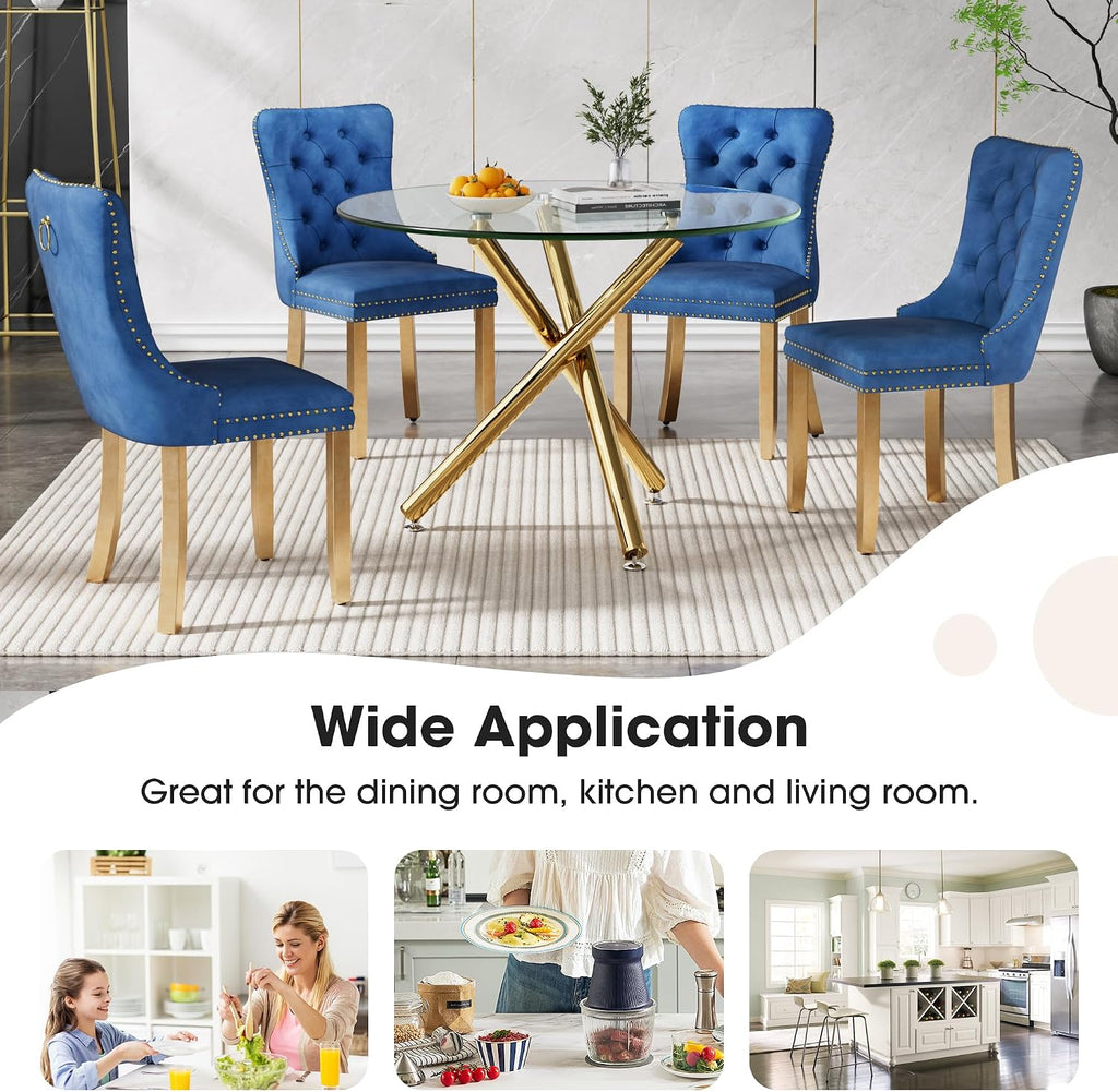 Round Glass Dining Table Set for 4, Small Kitchen Table Set for 4, 47" Circle Gold Glass Dinner Table for 4 with Navy Blue Velvet Chairs, 5 Piece Dining Room Table Set for 4 for Breakfast Dinette Cafe
