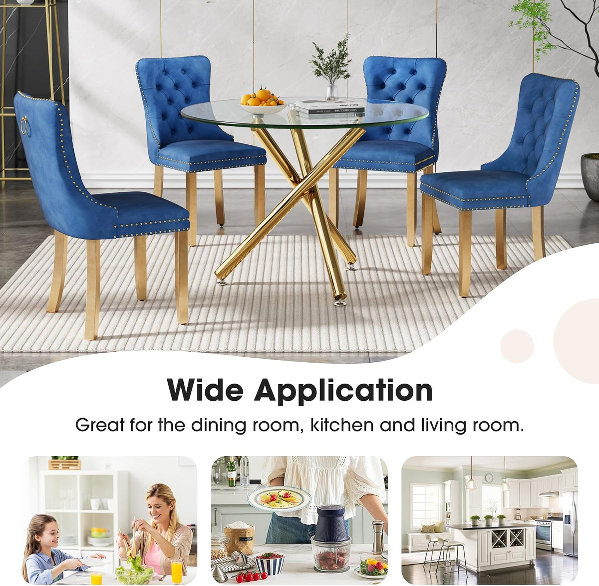 Round Glass Dining Table Set for 4, Small Kitchen Table Set for 4, 47" Circle Gold Glass Dinner Table for 4 with Navy Blue Velvet Chairs, 5 Piece Dining Room Table Set for 4 for Breakfast Dinette Cafe