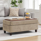 45 Inch Large Storage Ottoman Bench with Wooden Tray Coffee Table, Khaki Chenille Upholstered Foot Rest, Multifunctional Foot Stool Ottoman for Living Room, Bedroom & Entryway, Solid Wood Legs
