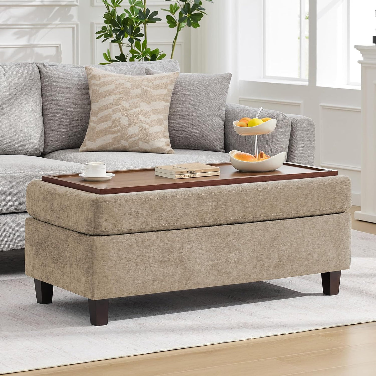 45 Inch Large Storage Ottoman Bench with Wooden Tray Coffee Table, Khaki Chenille Upholstered Foot Rest, Multifunctional Foot Stool Ottoman for Living Room, Bedroom & Entryway, Solid Wood Legs